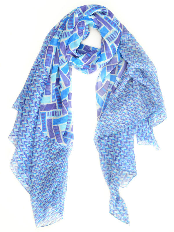 Bluesy Geometric Tile Print Silk Scarf